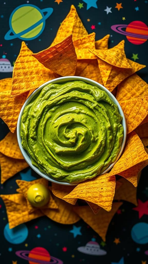 A green avocado dip with yellow tortilla chips arranged in a star pattern.