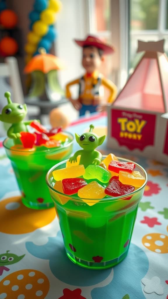 Alien Goo Jelly Cups with assorted gummy candies and toy decorations