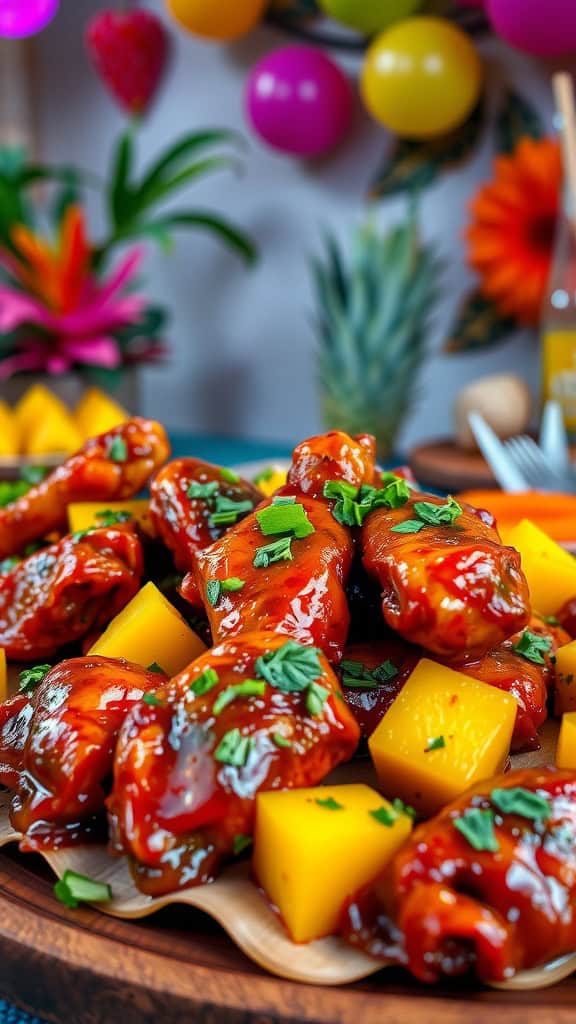 BBQ chicken wings garnished with green onions and served with mango pieces.