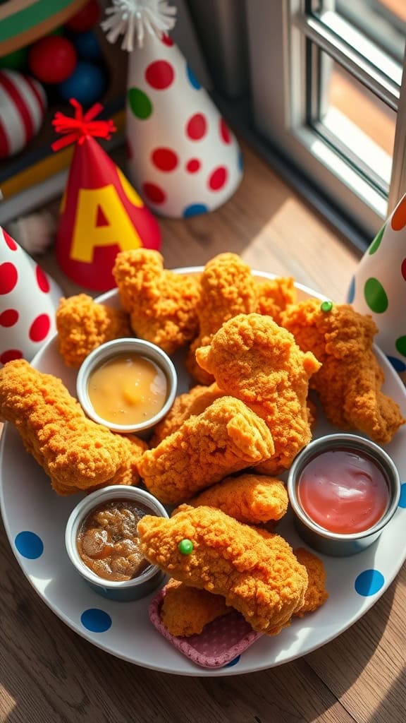 Plate of golden-brown chicken tenders with dipping sauces