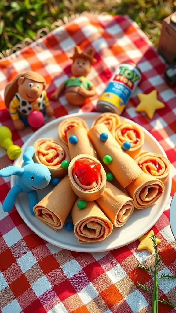 Delicious PB&J Roll-Ups served on a plate at a Toy Story-themed party.