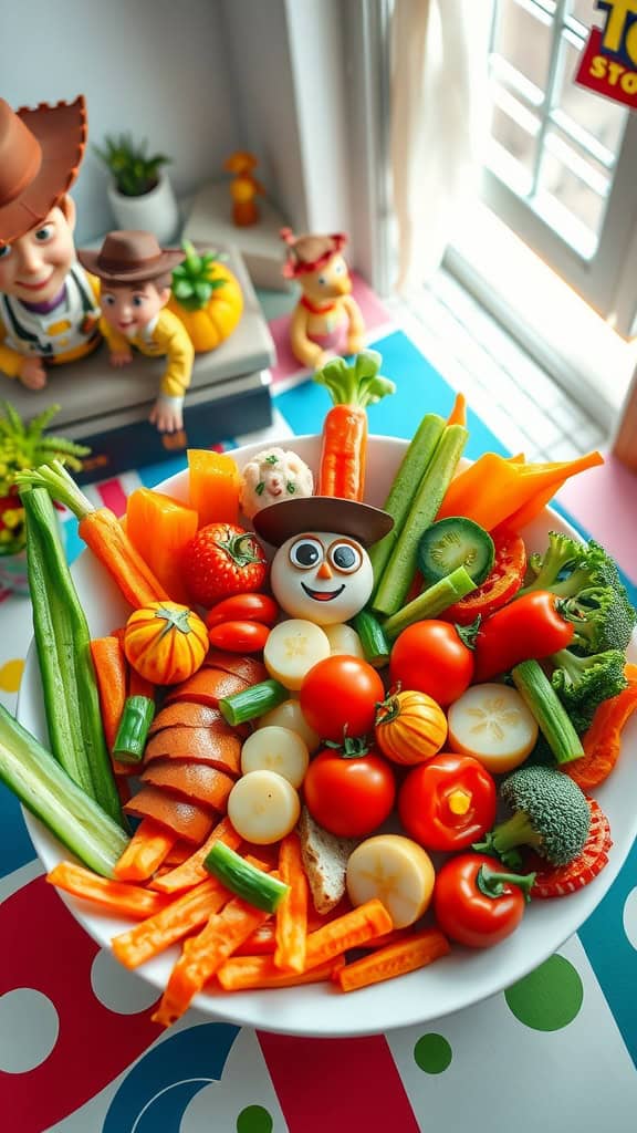 A vibrant veggie platter inspired by Toy Story, featuring a mix of colorful vegetables arranged playfully.