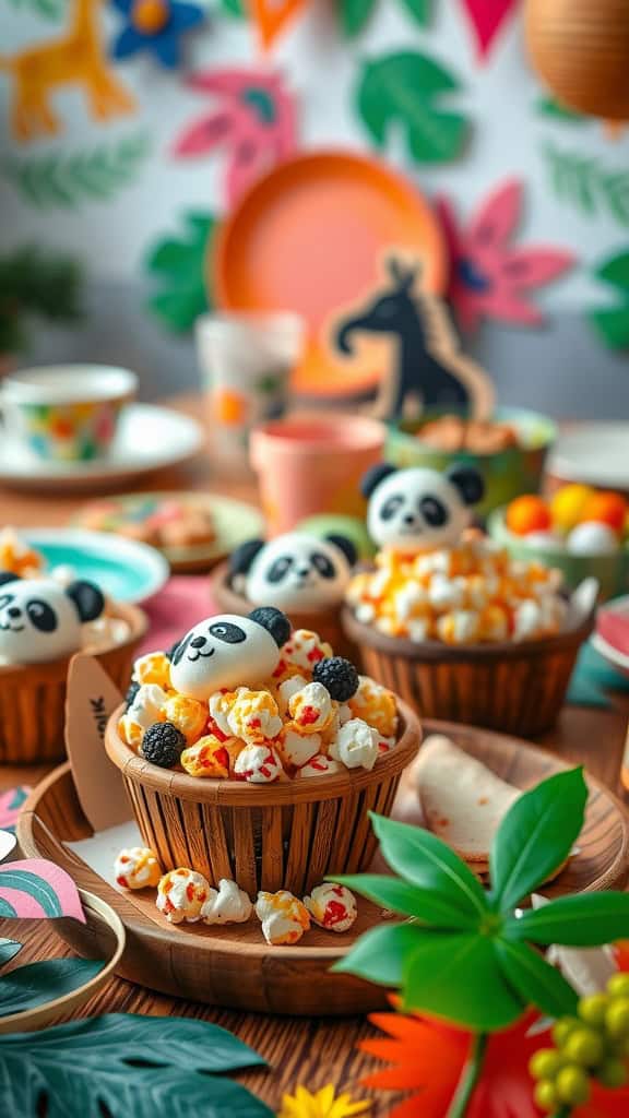 Panda-themed popcorn puffs for a safari birthday party