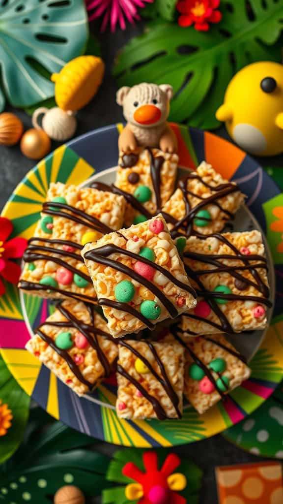 A plate of colorful Rice Krispie treats with chocolate drizzle, perfect for a jungle party.