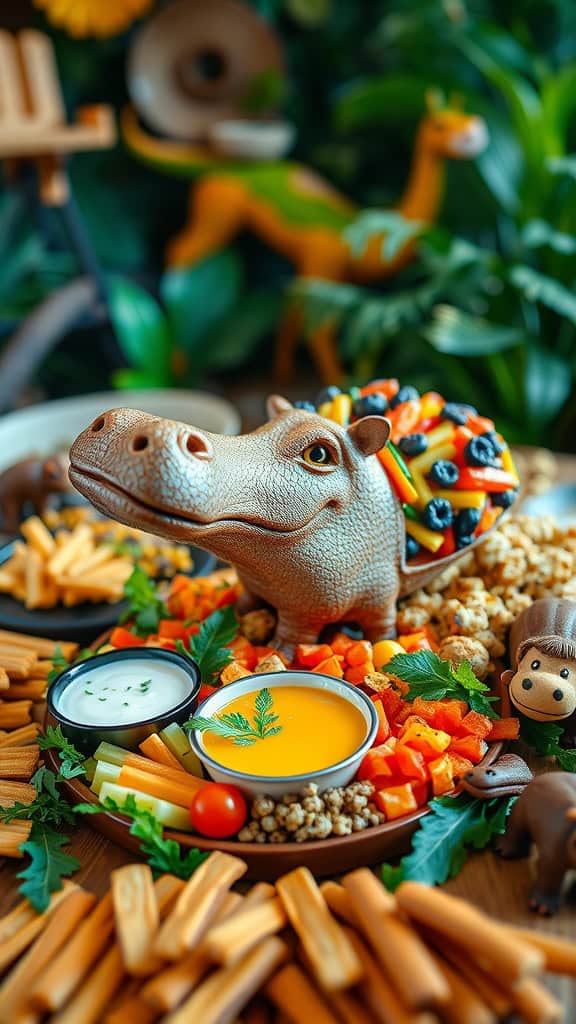 Colorful hippo dip platter with fresh vegetables, dips, and snacks for a safari birthday party.