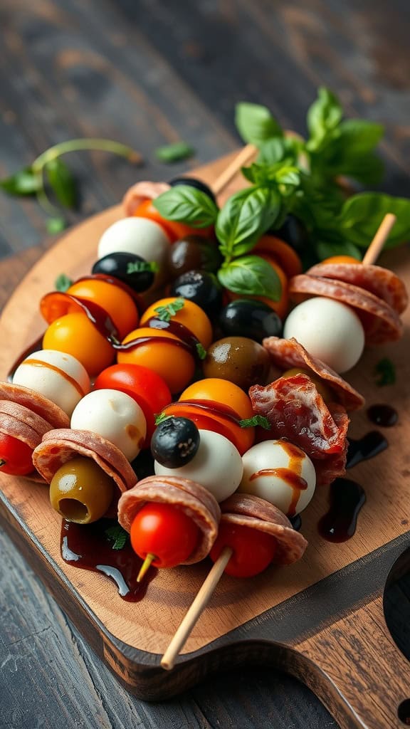 Antipasto skewers with cherry tomatoes, mozzarella, olives, salami, and basil on a wooden platter.