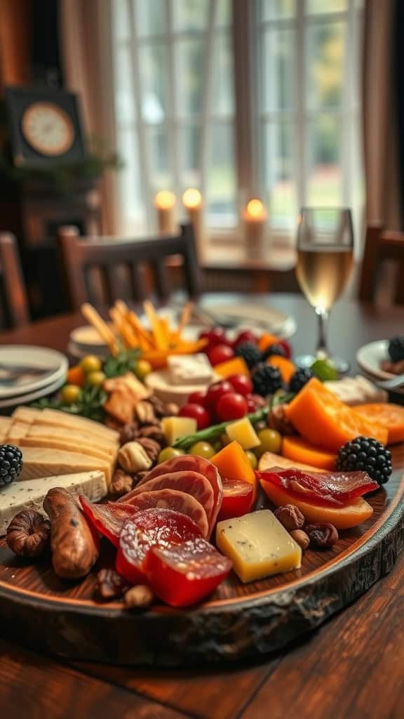 A beautifully arranged charcuterie board with assorted cheeses, cured meats, fruits, and nuts.