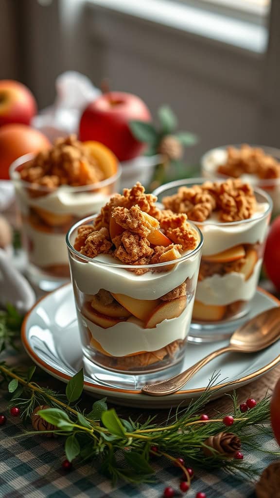 Apple pie trifle cups with apples, whipped cream, and crumble