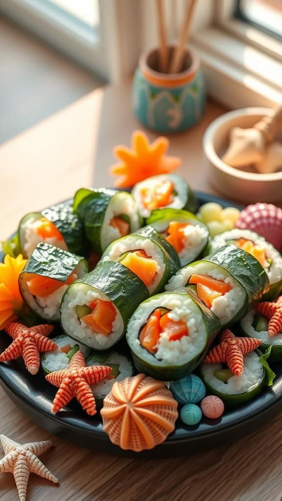 Delicious cucumber sushi rolls filled with smoked salmon and cream cheese, perfect for a mermaid-themed party.