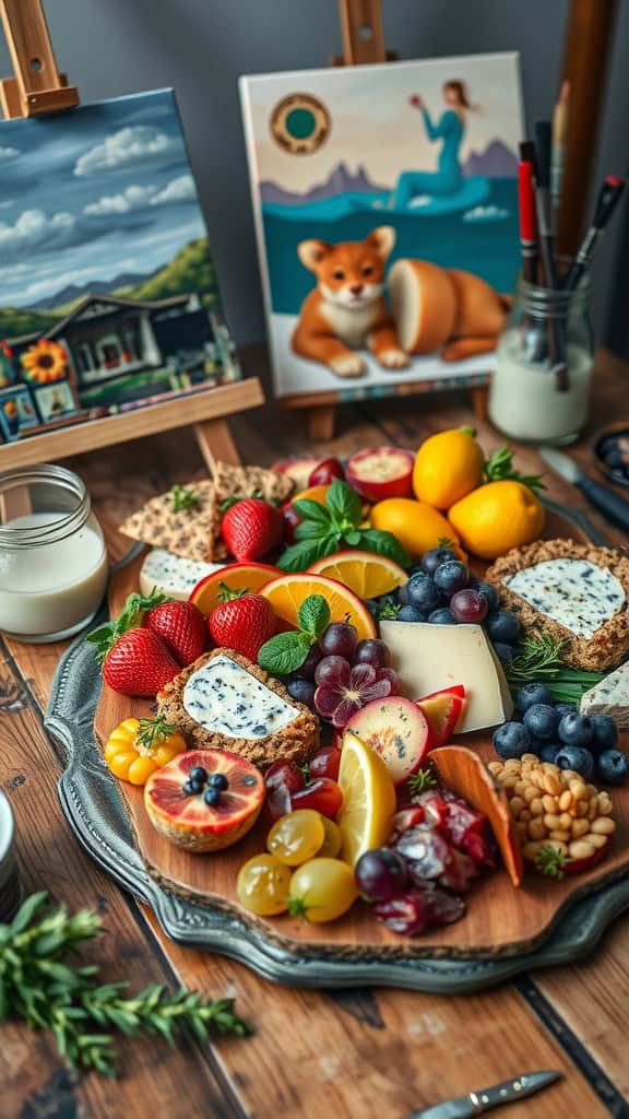 A beautifully arranged charcuterie board featuring a variety of cheeses, fruits, nuts, and crackers.