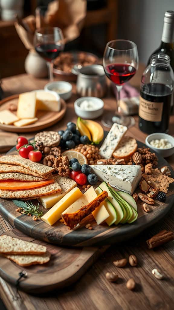 A beautifully arranged artisan cheese board with various cheeses, fruits, nuts, and crackers