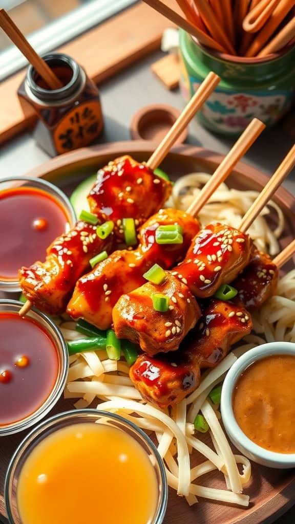 Teriyaki chicken skewers served with sauces and garnishes