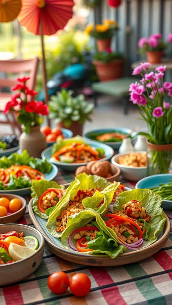 Plate of Asian-inspired lettuce wraps filled with colorful vegetables and savory meat, ready to be served at a backyard party.