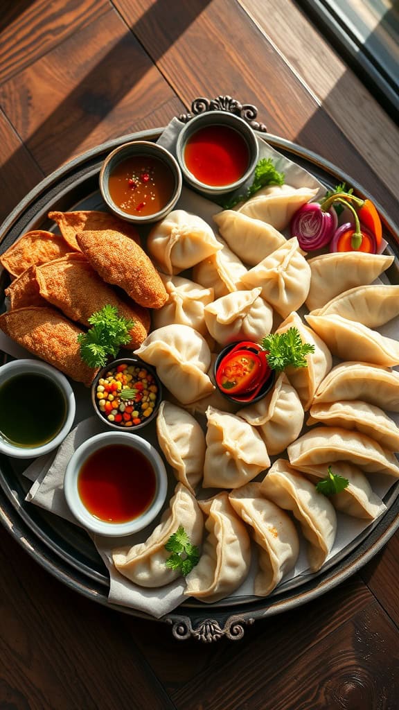 A platter of Asian dumplings with various dipping sauces