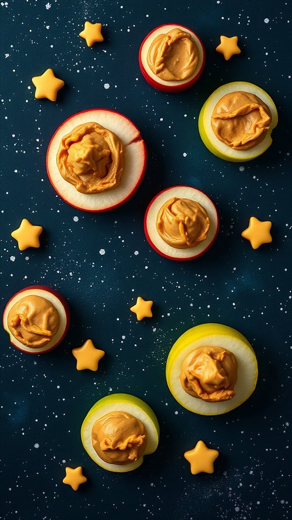 Asteroid apple slices topped with peanut butter and star-shaped cheese.