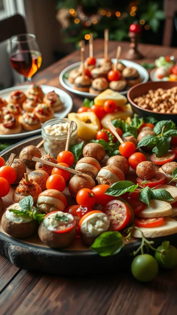 A beautifully arranged platter of Italian antipasti skewers with cherry tomatoes, mozzarella balls, and stuffed mushrooms.