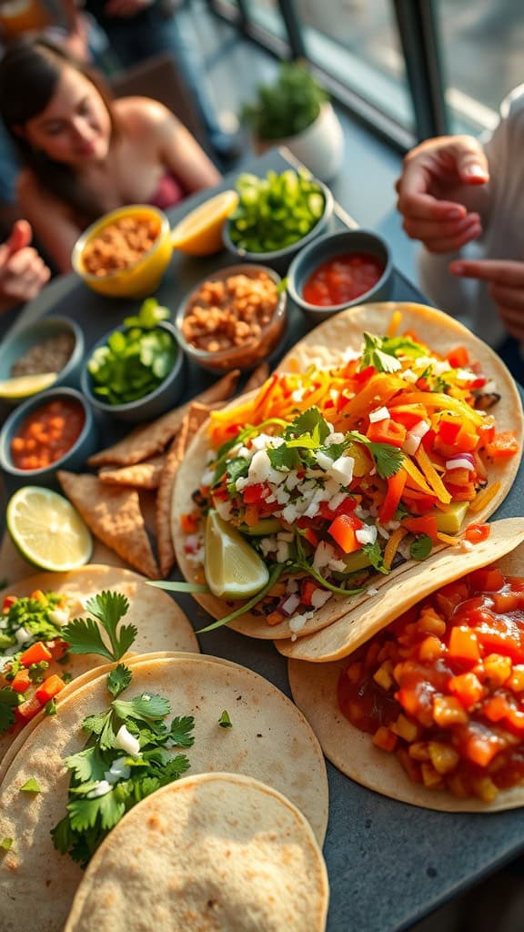 A street tacos bar setup with various toppings and ingredients.