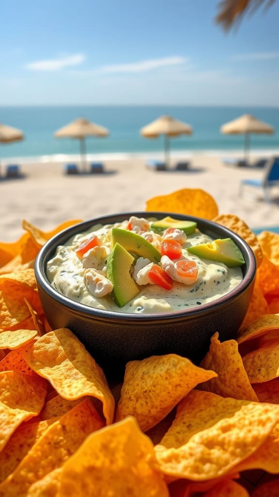 A bowl of creamy avocado and crab dip surrounded by tortilla chips, perfect for a beach party.