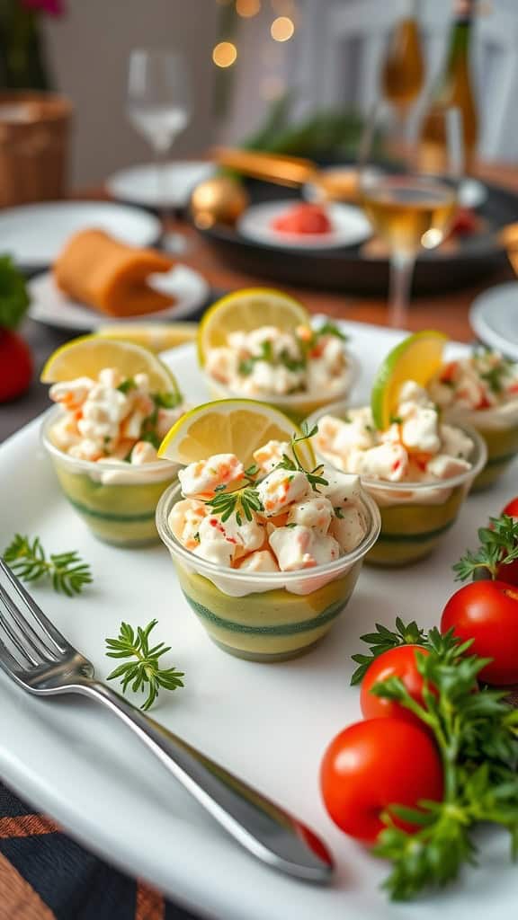 Avocado and crab salad cups served on a plate with fresh ingredients.