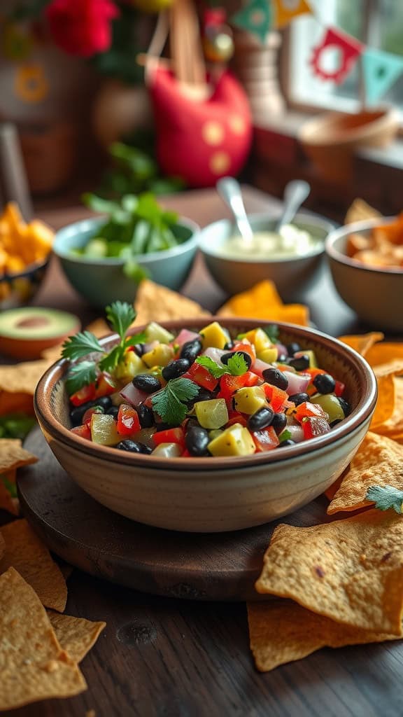 A bowl of avocado and black bean salsa with tortilla chips on a wooden platter