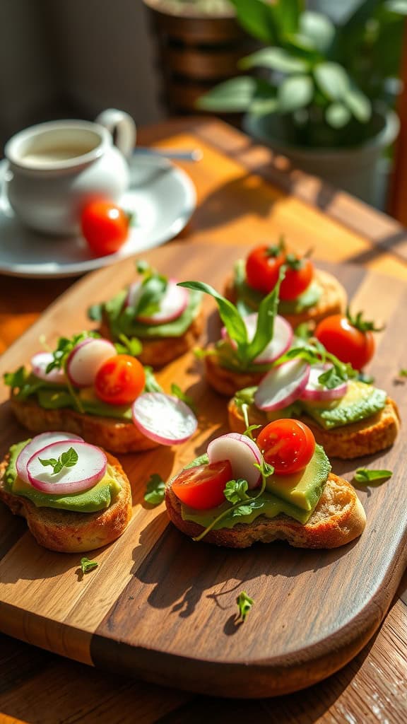 A wooden platter filled with avocado toast bites topped with tomatoes, radishes, and herbs.