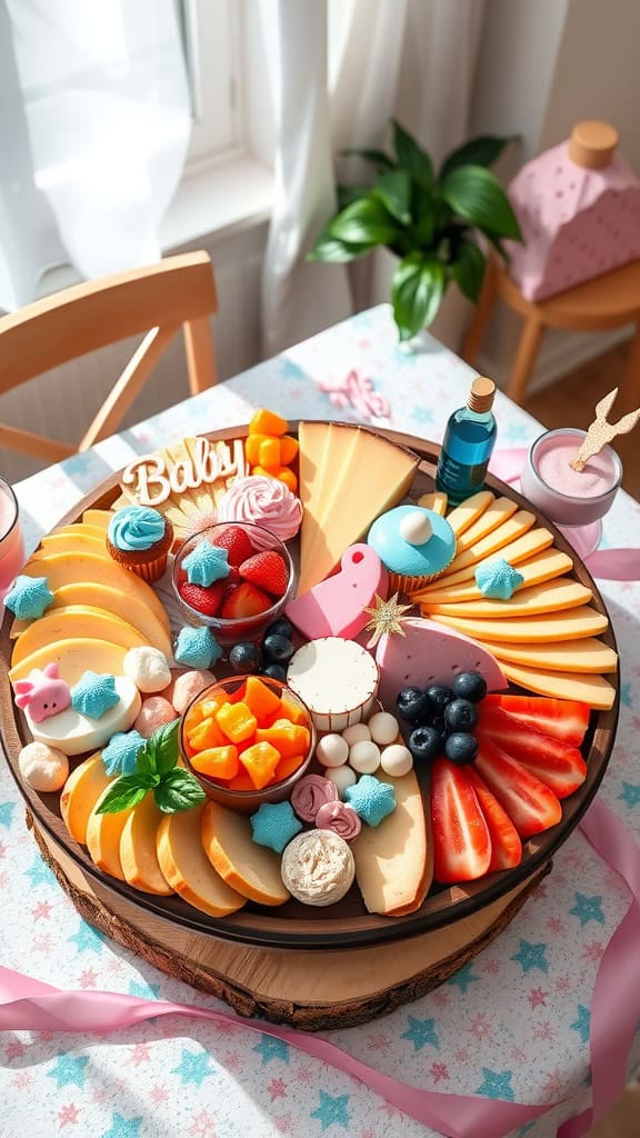 A colorful baby-themed charcuterie board filled with assorted cheeses, fruits, and candies.