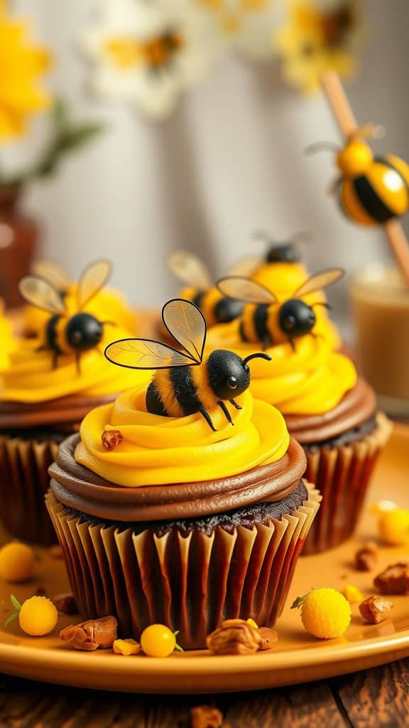 Baby bee cupcake toppers on chocolate swirls