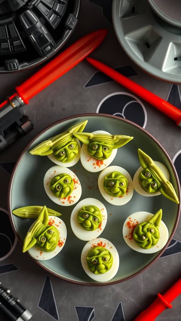 A plate of Baby Yoda themed deviled eggs, decorated with green filling and cute edible elements for a fun Star Wars party snack.