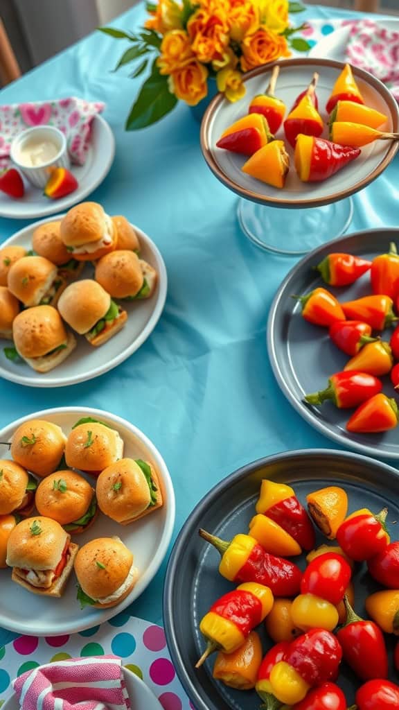 A vibrant display of mini sliders and colorful vegetable skewers perfect for a bachelorette party.