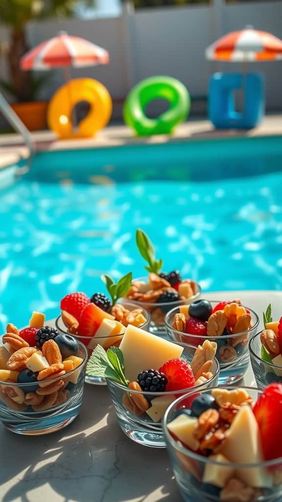 Fancy charcuterie cups with nuts and berries for a bachelorette pool party.