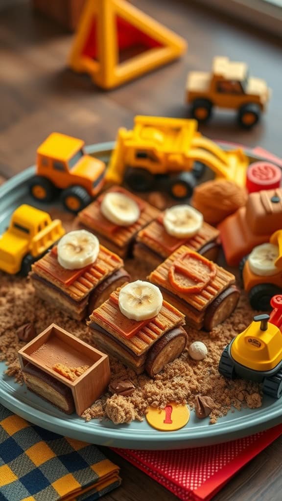 Peanut butter and banana snacks styled as backhoes for a construction-themed birthday party