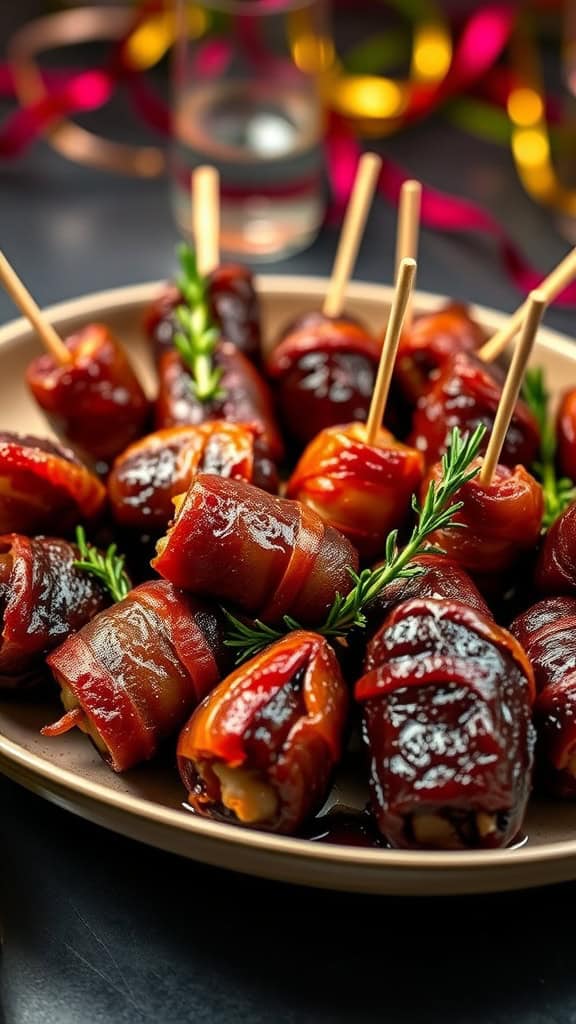 Delicious bacon-wrapped dates arranged on a platter