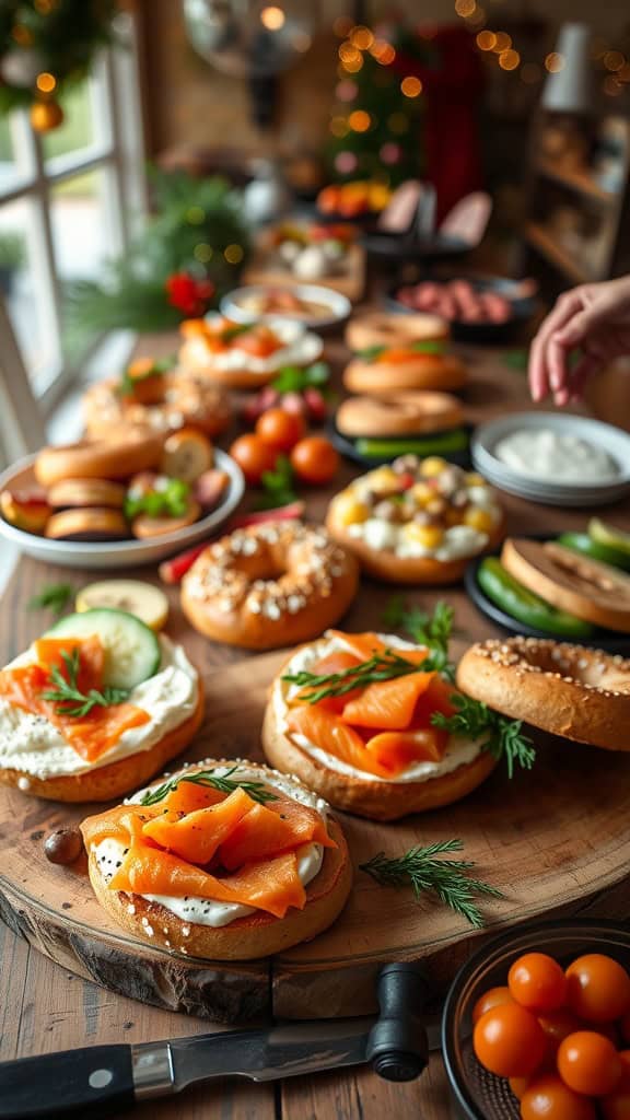 A vibrant bagel bar set up with various toppings including cream cheese, smoked salmon, cucumbers, and tomatoes.