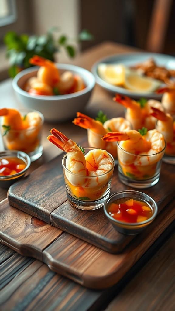 Mini shrimp cocktail cups with shrimp, cocktail sauce, and lemon garnishes.