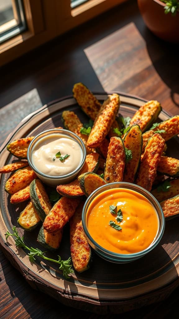 A platter of baked zucchini fries with two bowls of spicy aioli for dipping.