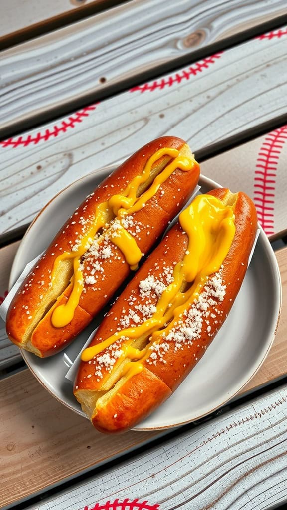 Delicious soft pretzel dogs topped with cheese sauce and salt