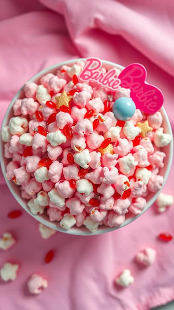 Colorful Barbie-inspired popcorn mix with pink and white popcorn, gummy candies, and sprinkles.