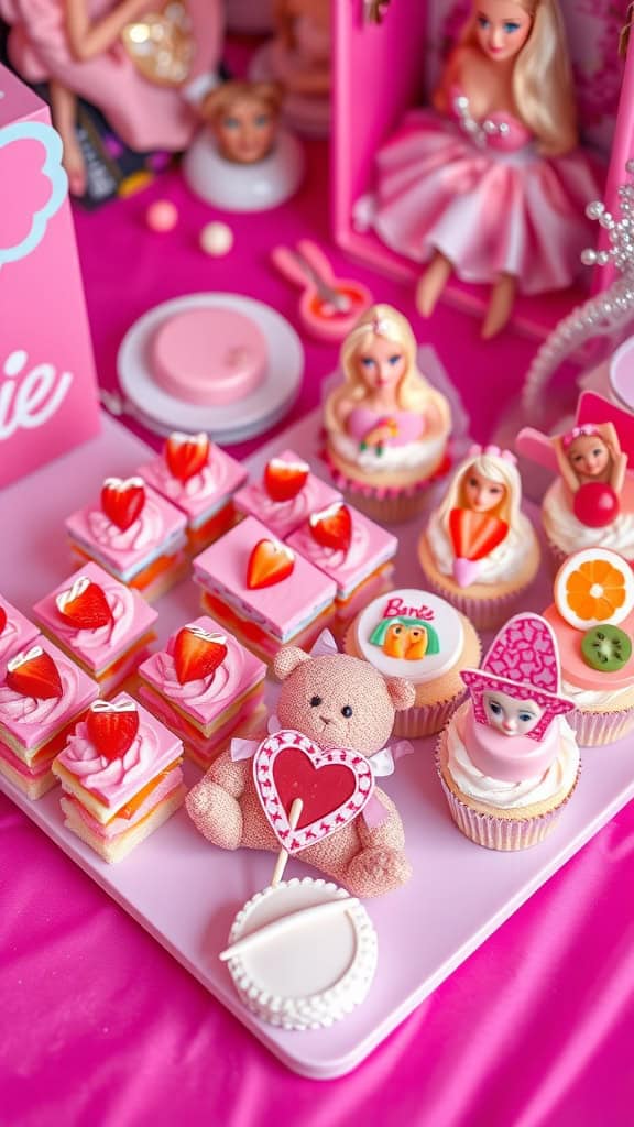 Colorful Barbie-themed appetizers including strawberry shortcake bites.