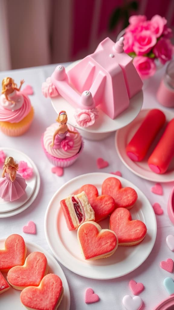 Colorful heart-shaped cookies perfect for a Barbie-themed birthday celebration.