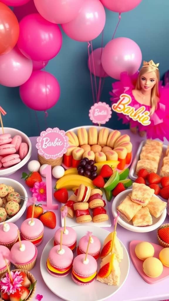 Barbie-themed grazing table filled with sweet and savory bites.