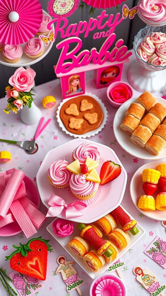 Colorful dessert table with Barbie-themed treats