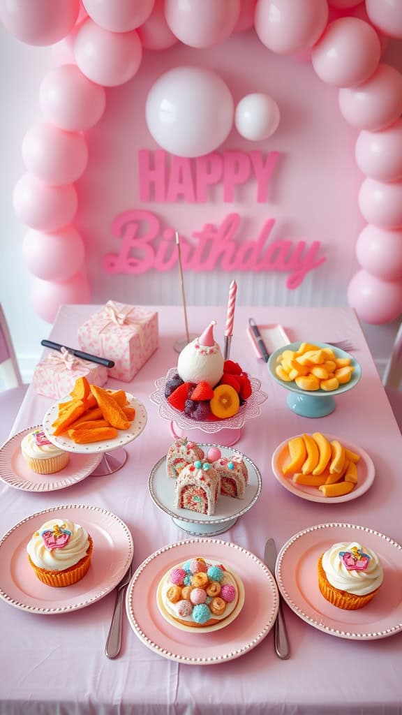 A table set for a Barbie birthday brunch with colorful treats on pretty pink plates