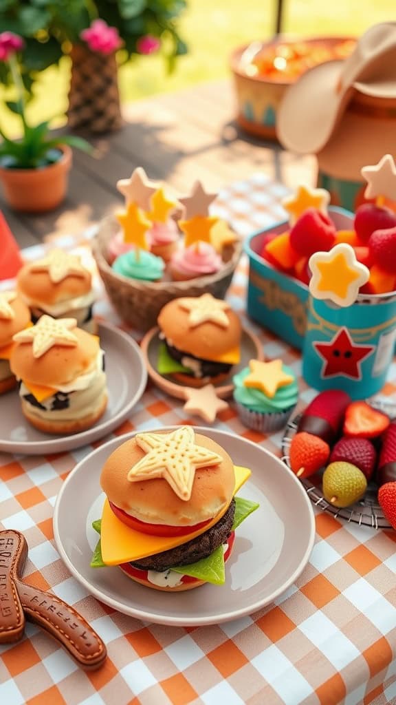 Barbie cowgirl party snacks including colorful mini burgers and fruit skewers.