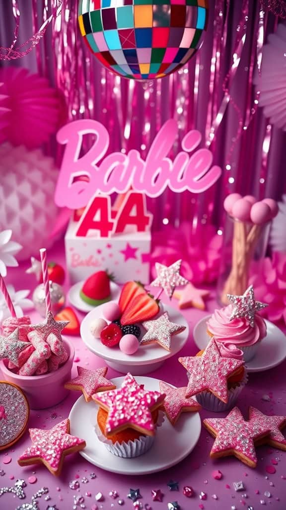 Colorful and sparkly Barbie-themed sweets and snacks for a disco party.