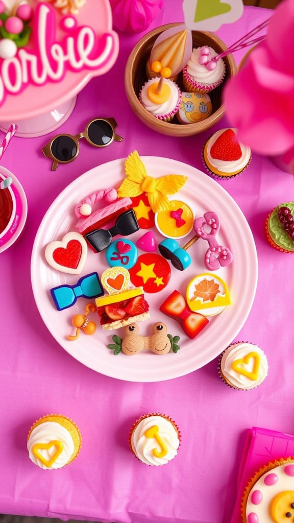 Colorful and fun Barbie-themed finger foods arranged on a plate, perfect for kids' parties.