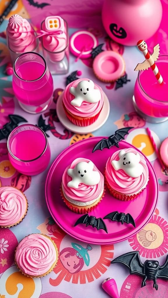 Spooky pink Halloween cupcakes with ghost decorations and bat accents on a festive table.