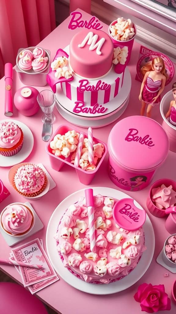 A colorful and themed pink dessert spread for a Barbie movie night, featuring a popcorn cake, cupcakes, and other sweet treats.