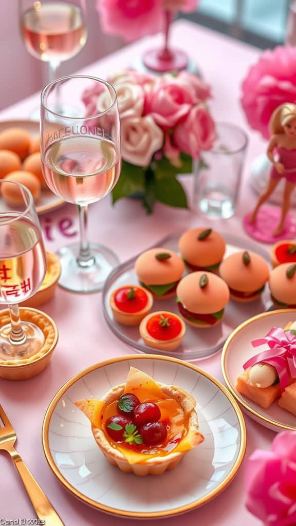 Delicious fruit tarts on an elegant table setting for a Barbie party.