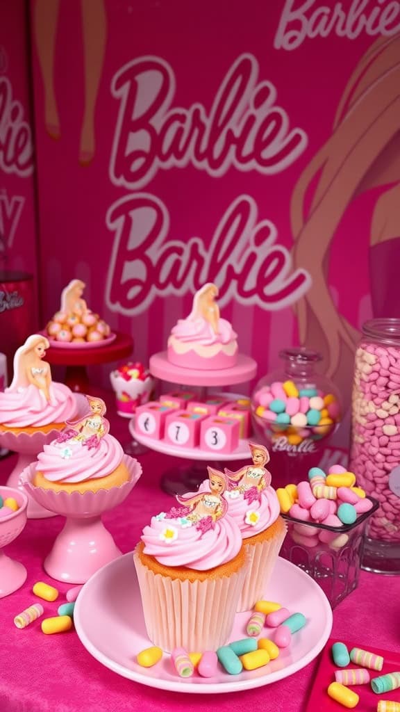 Colorful Barbie-themed cupcakes with pink frosting and decorations on a candy table