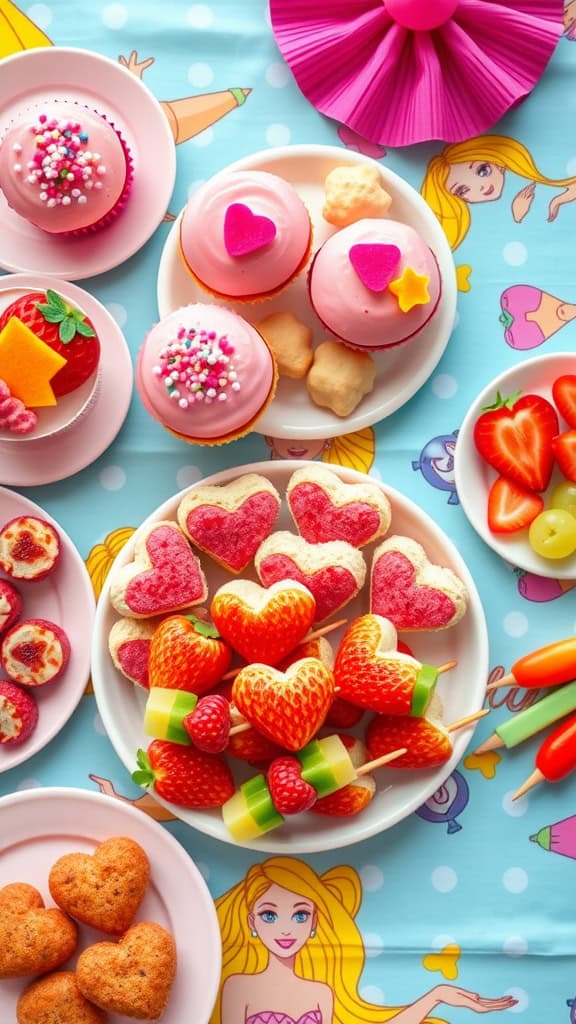 Colorful heart-shaped fruit kabobs and pink frosted cupcakes for a Barbie-themed toddler party